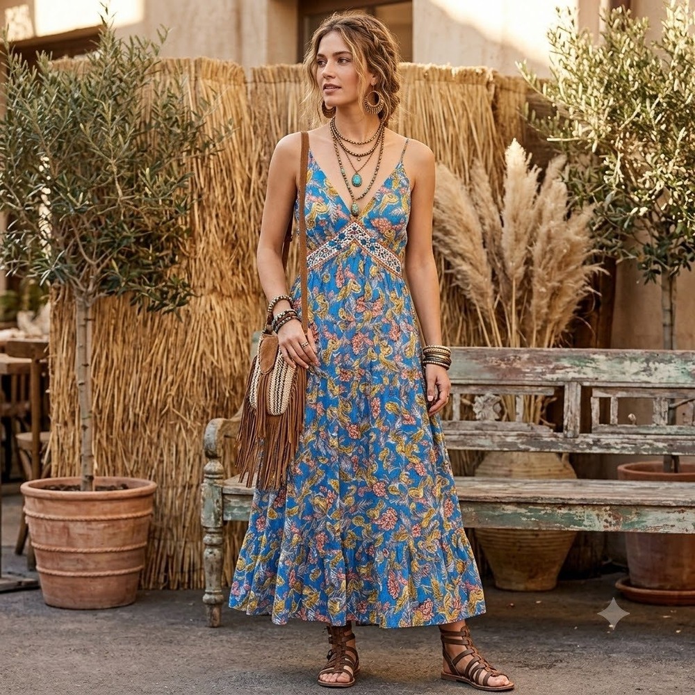 Verb by‎ Pallavi Singhee Maxi Dress Blue Floral Beaded Boho Anthro Size 2